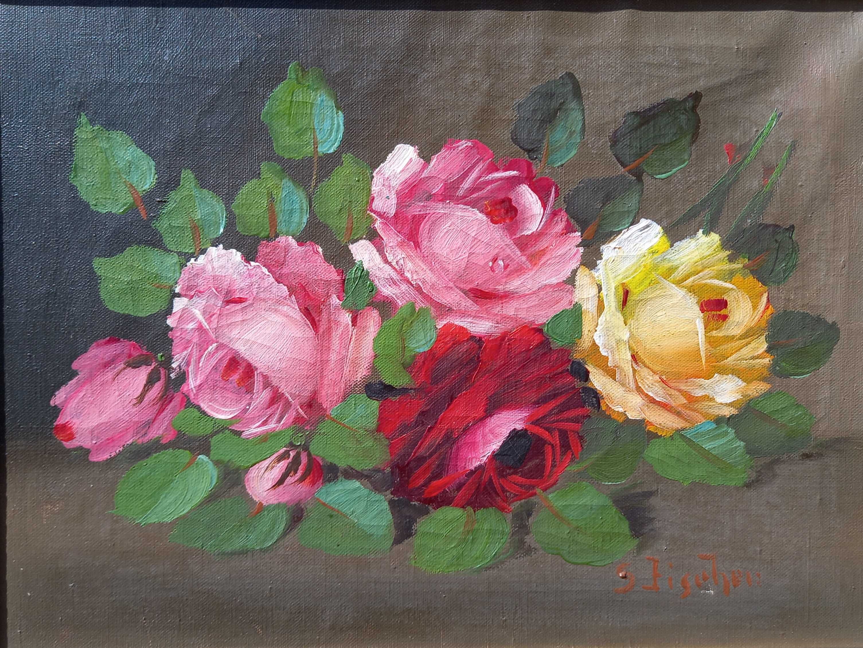 Martwa natura z różami, olej/płótno,S.Fischer, pocz. XX w.
