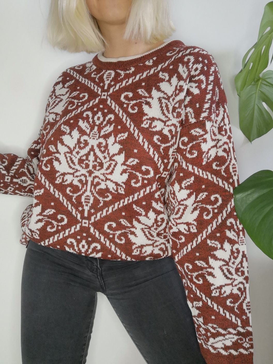 Gruby wzorzysty sweter oversize dywan unikat 70s vintage