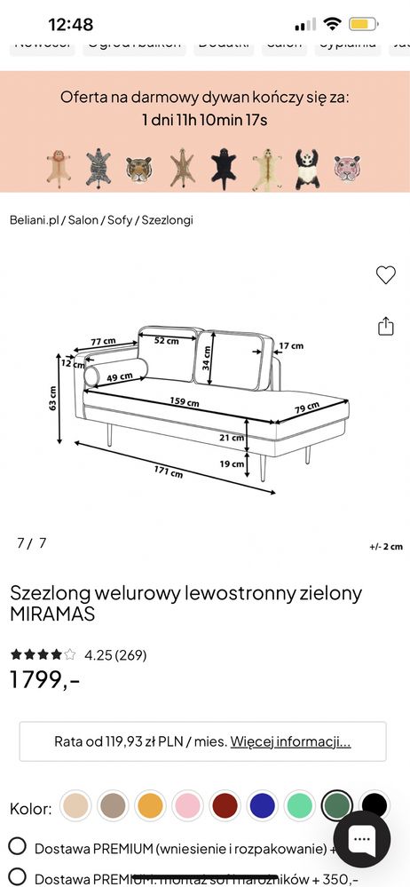 Szezlong Beliani MIRAMAS butelkowa zieleń jak nowy