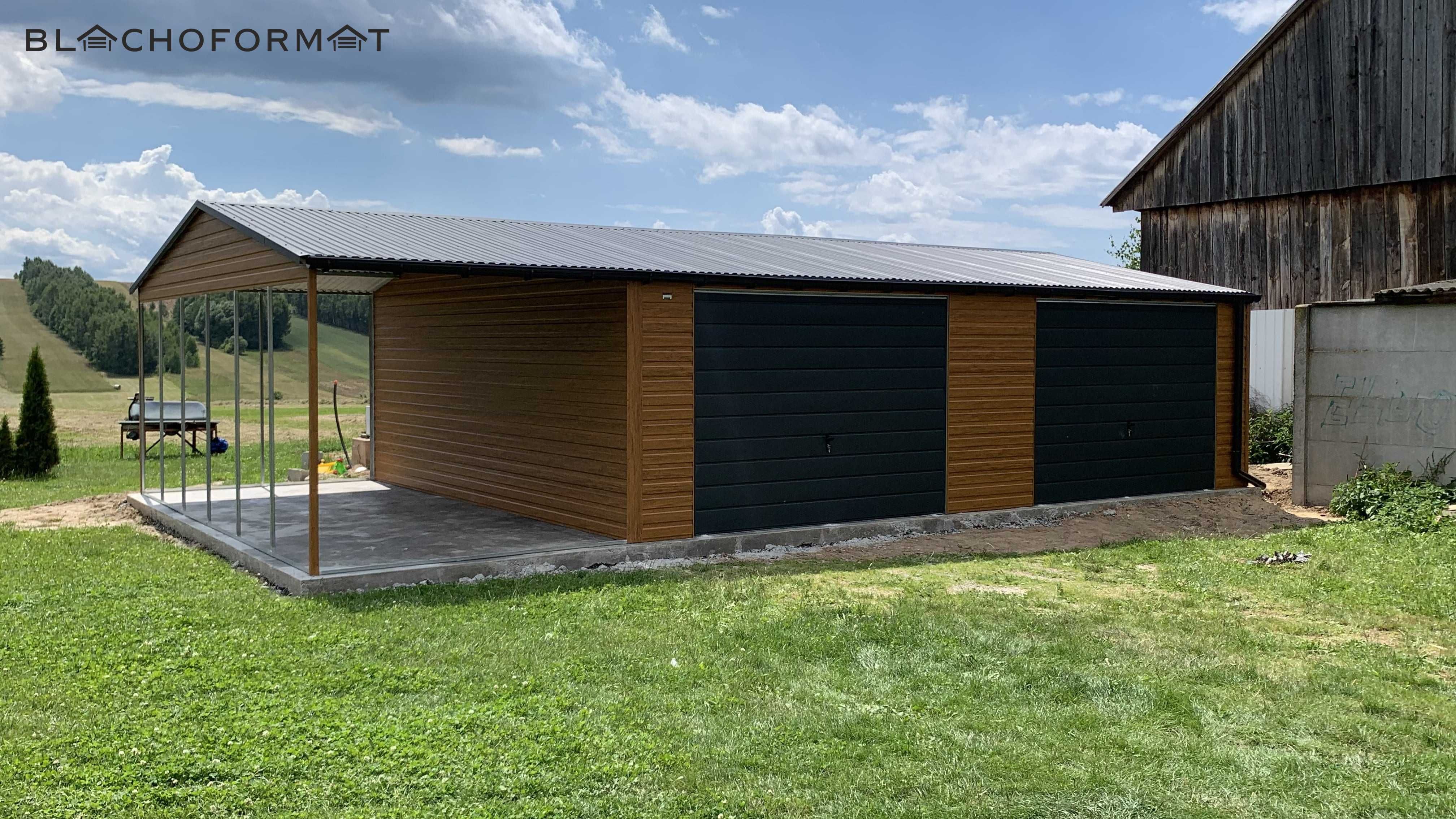 Garaż blaszany 6x5 + 3x5 wiata drewnopodobny z profila ocynkowanego