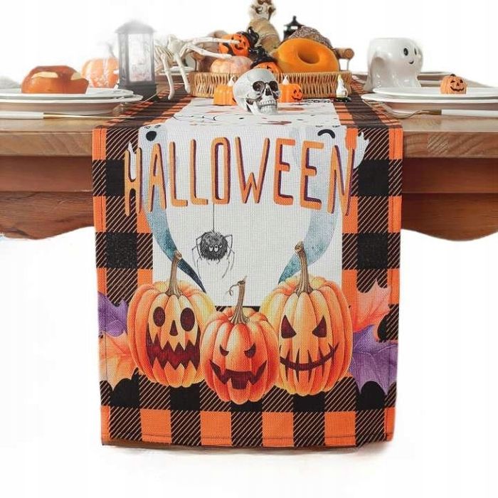 Bieżnik Na Stół Dekoracja Jesienna Na Halloween W Kratę Z Dynią