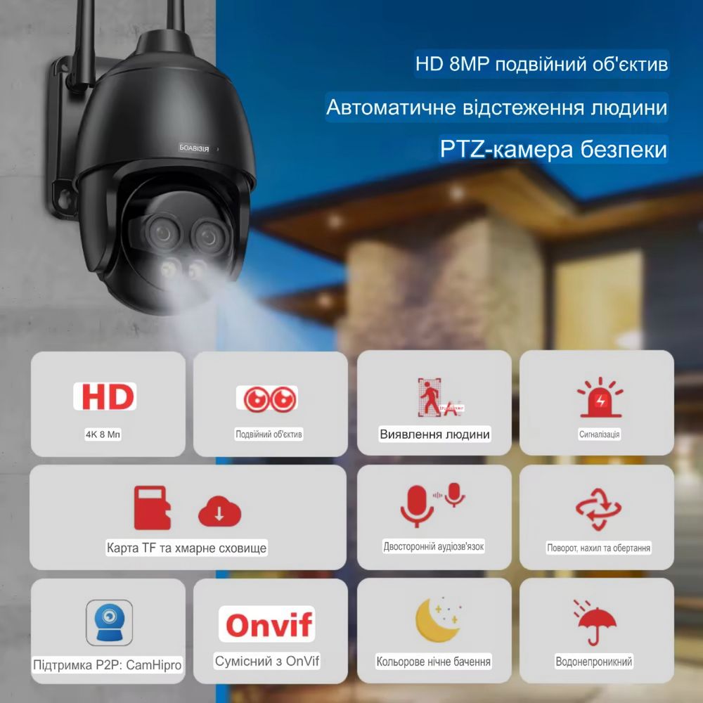 Камера видеонаблюдения BOAVISION 8Мп | WiFi | ZOOM x10 | Автотрекинг