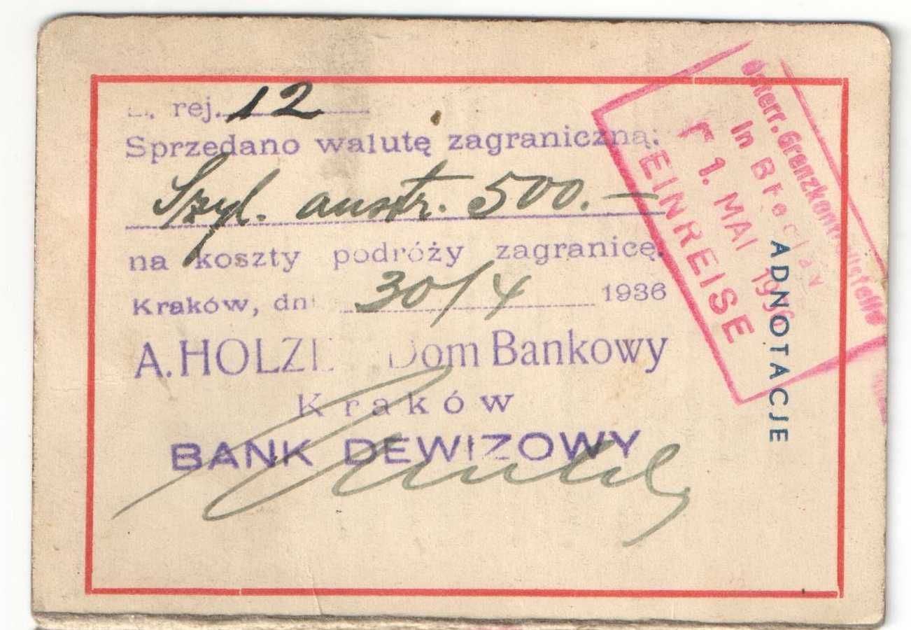 Dokument osobisty zamiast paszportu Polska judaik Kraków 1936