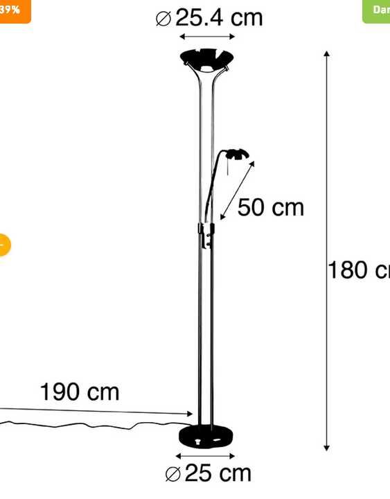 Złota lampa podłogowa z lampką do czytania, LED i ściemniacz - Diva 2