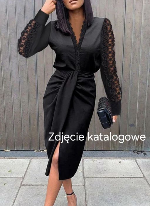 Czarna Sukienka wizytowa z rozcięciem midi