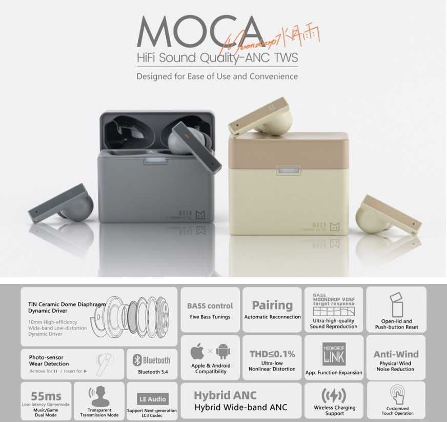 ⇒ Moondrop Moca - наушники с BT5.4 ANC 40dB APP LC3 55ms 21ч.звука!