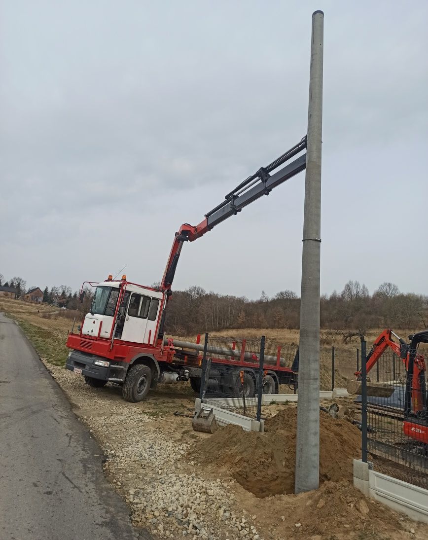 Transport HDS 8.5T wiertnica kosz zwyżka słupy stal więźba dachowa