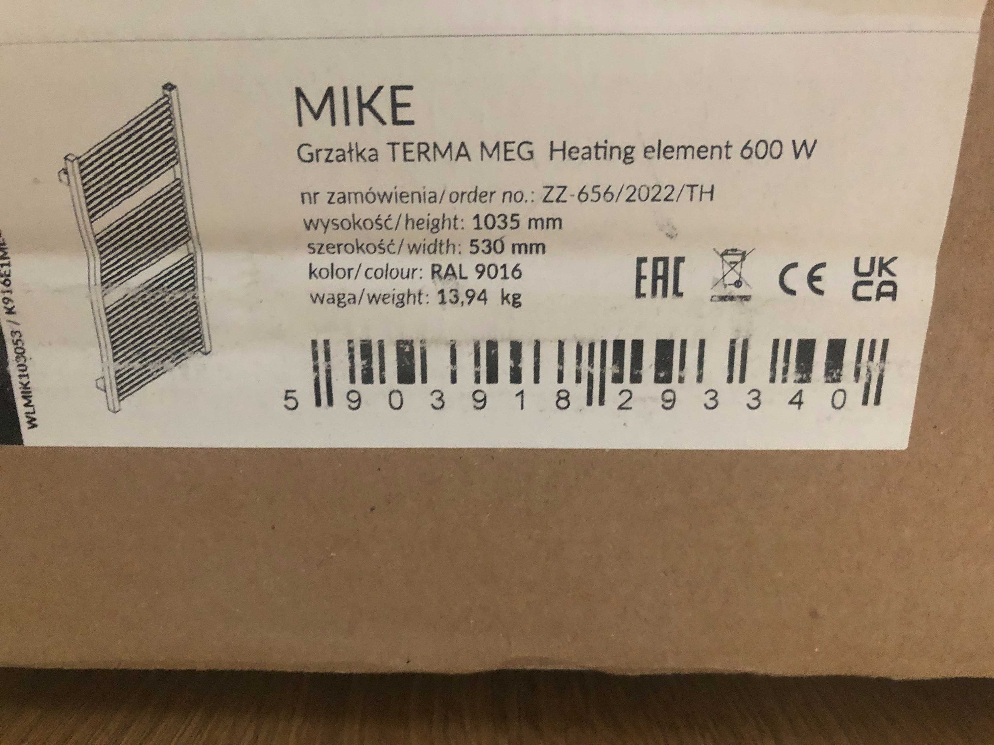 Grzejnik elektryczny TERMA MIKE z grzałką TERMA MEG 1035 x 530 mm