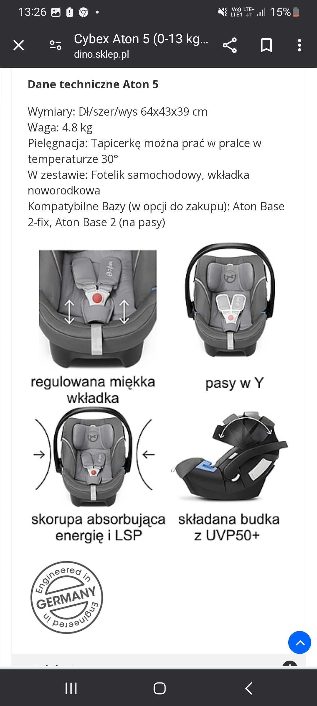 Fotelik samochodowy dla niemowlat 0-13kg cybex aton 5