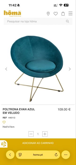 Poltrona Evan Azul Em Veludo Com Pernas Douradas