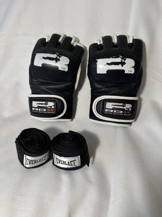 Skórzane rękawice do MMA plus owijki Everlast rozmiar S