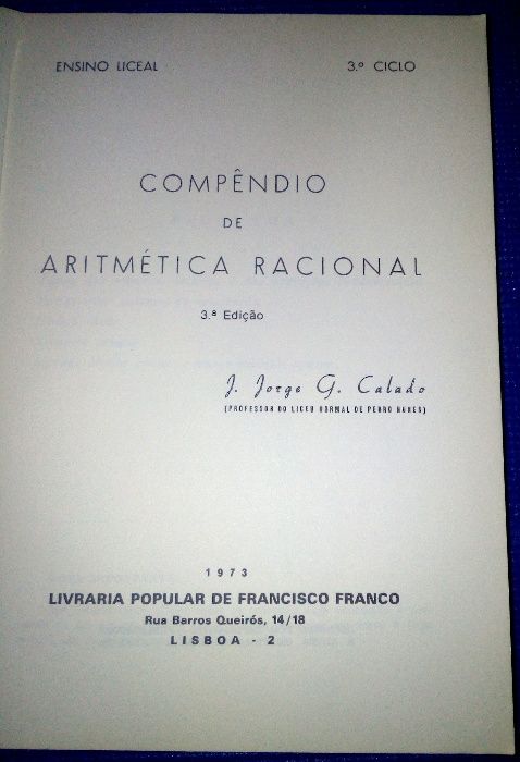 Compêndio de Aritmética Racional (3º Ciclo) de J.JORGE G. CALADO