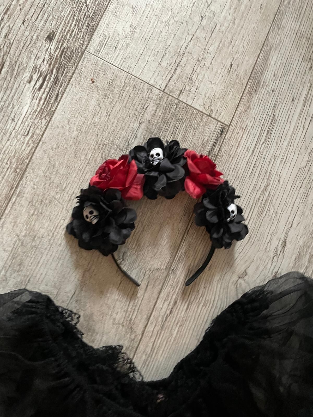 Super strój na Halloween sukienka +opaska róże i czachy roz..M-L - XL