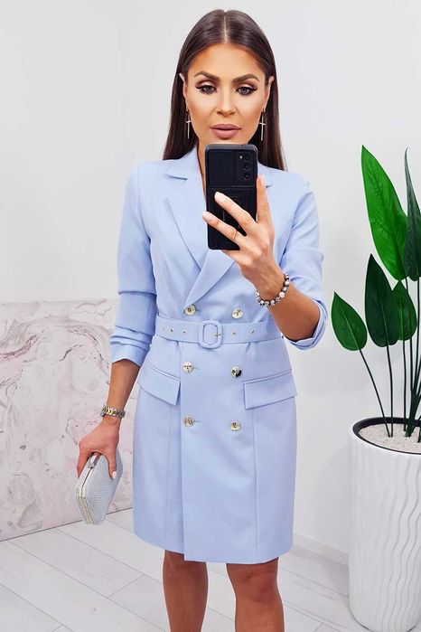 Sukienka marynarkowa polska dwurzędowa z paskiem błękitna guziki 44