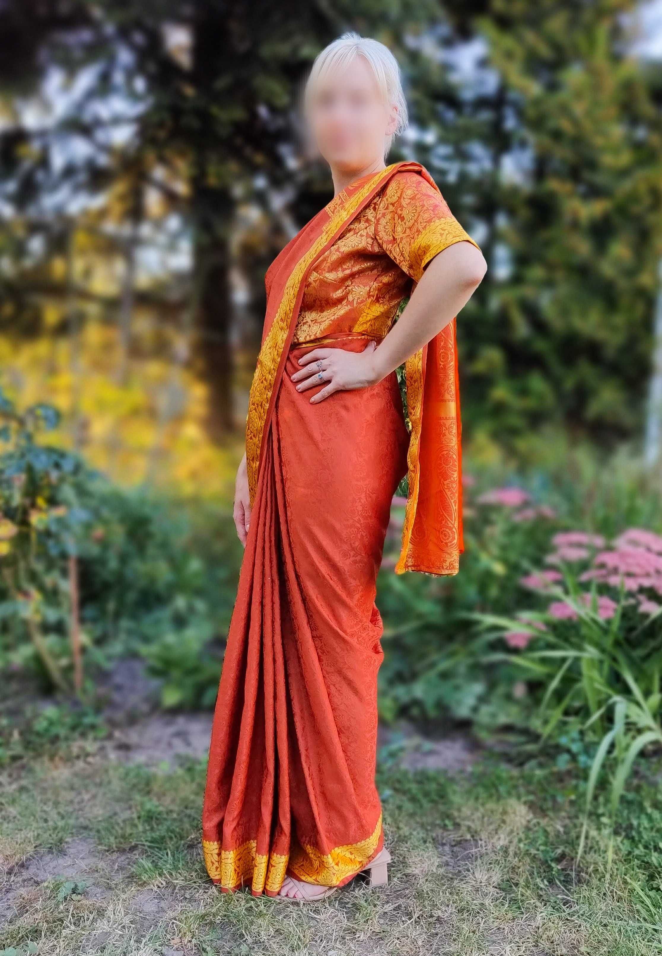 Vintage saree sari pomarańczowe paisley indyjska sukienka retro orient