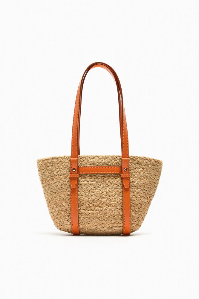 Zara torba koszyk z juty beżowa pomarańczowa kosz shopper