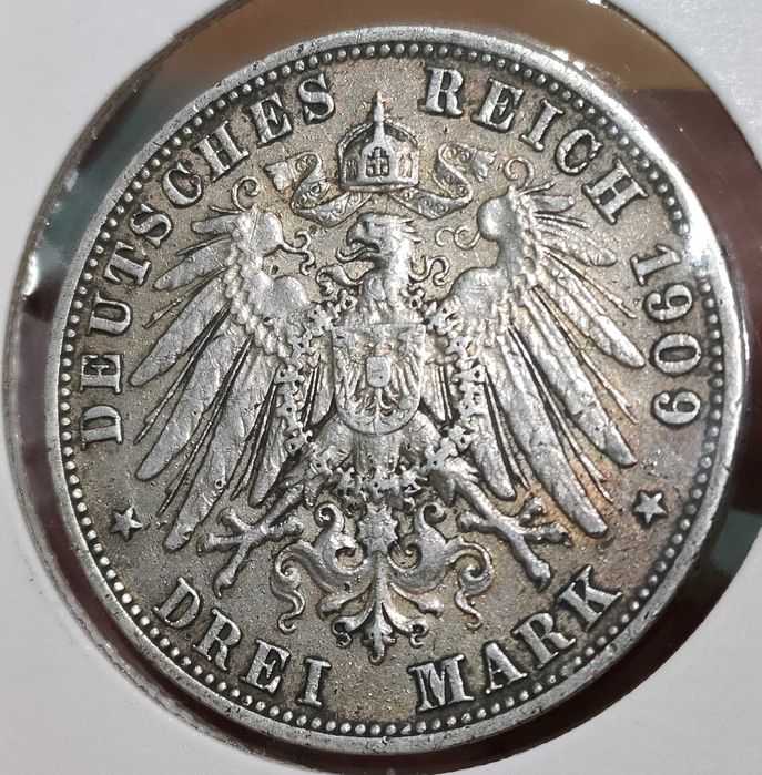 3 marki 1909-A Wilhelm II, Prusy, Cesarstwo Niemieckie, Niemcy