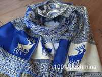 Niebiesko złoty długi szalik szal chusta 100% pashmina kaszmir wiosna