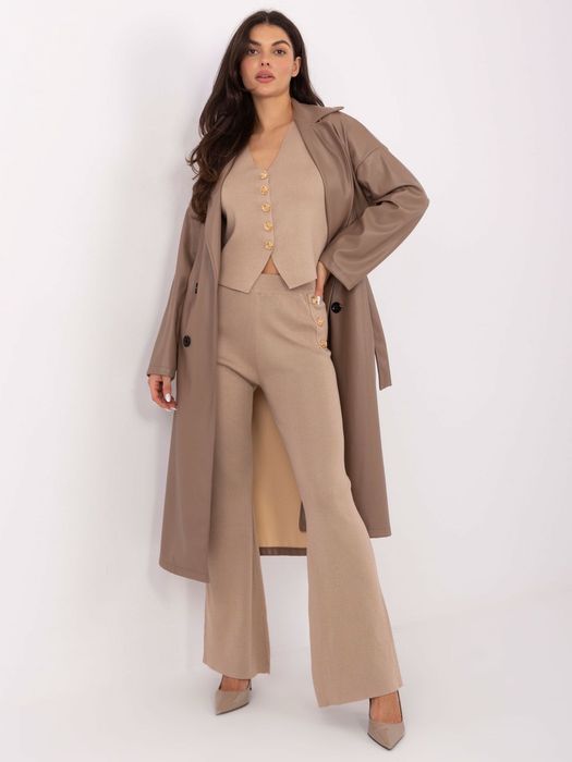 Beżowy dzianinowy komplet ze spodniami dzwonami