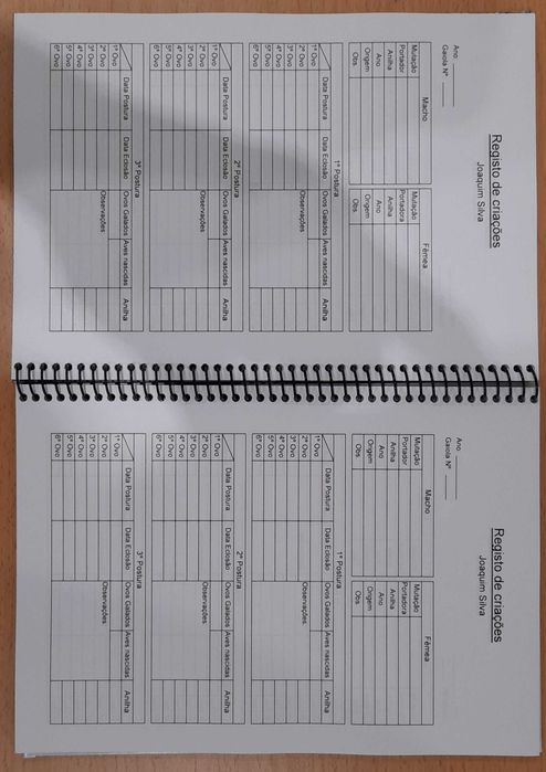 Cadernos Personalizados - Registo de Criações de Aves