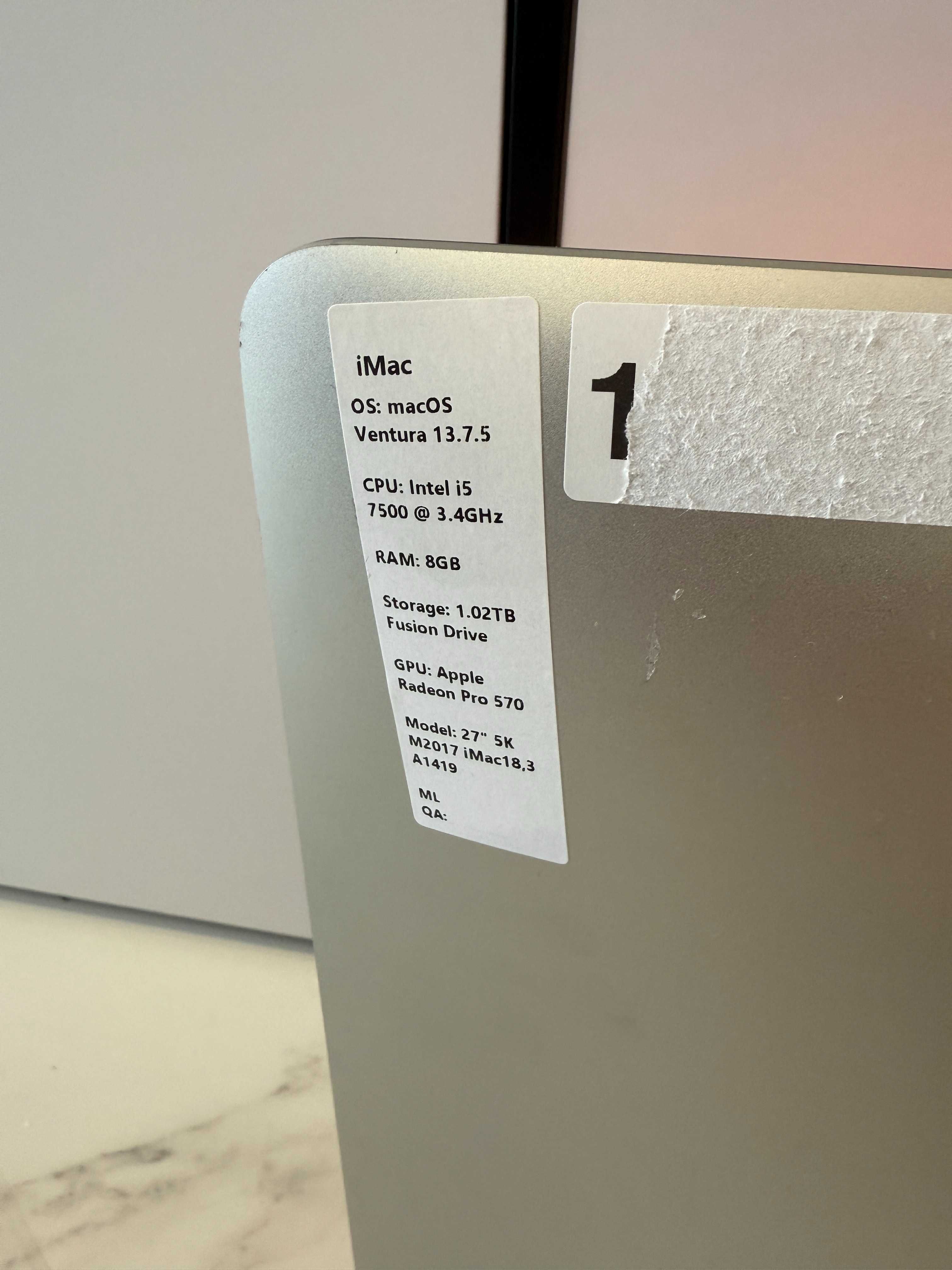 iMac 27 5K 2017 1TB Intel i5 7500 3.4 GHz GPU Apple Radeon Pro 570