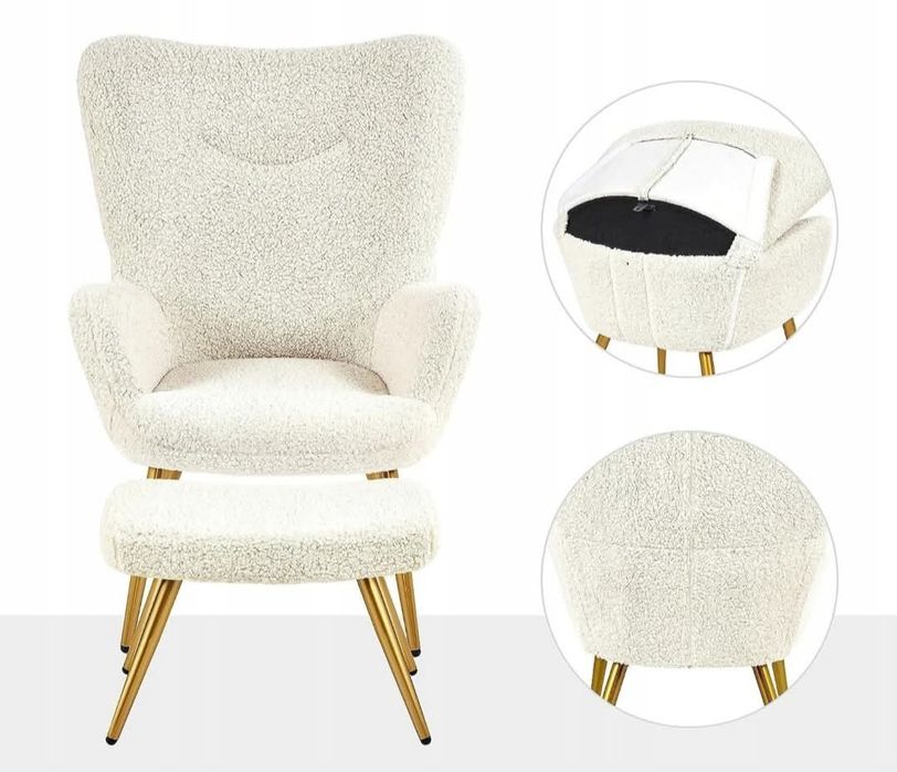 Fotel z podnóżkiem w tkaninie boucle.
Fotel jest