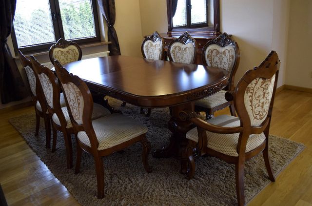 Stół + 8 krzeseł lite drewno egzotyczne, mahoń, styl ludwik