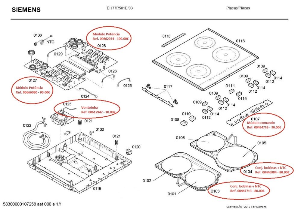 Placa de indução Siemens EH77P501E peças