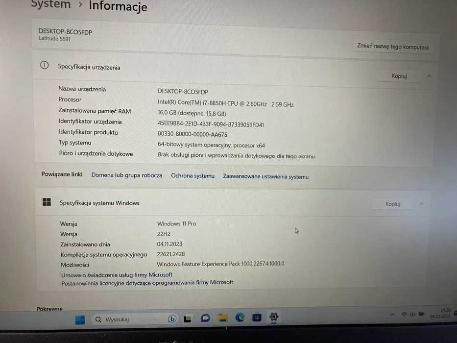 Laptop Dell Latitude 5591 czytnik linii papilarnych 15,9'