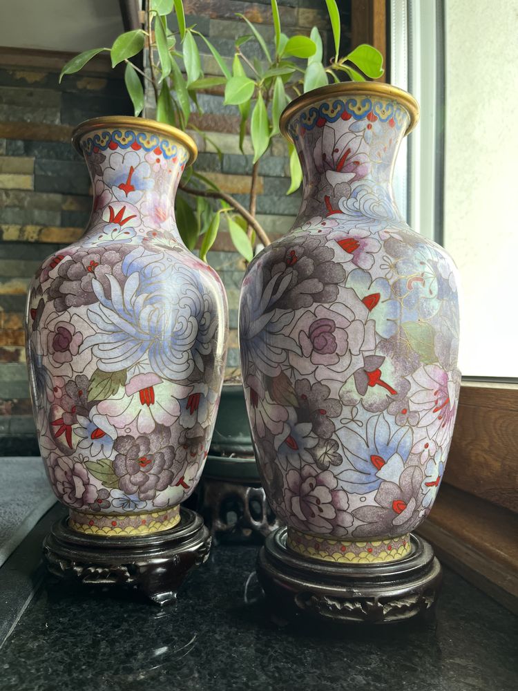 Conjunto 2 Jarrões + Prato em Cloisonne, Oriental, Chinesa