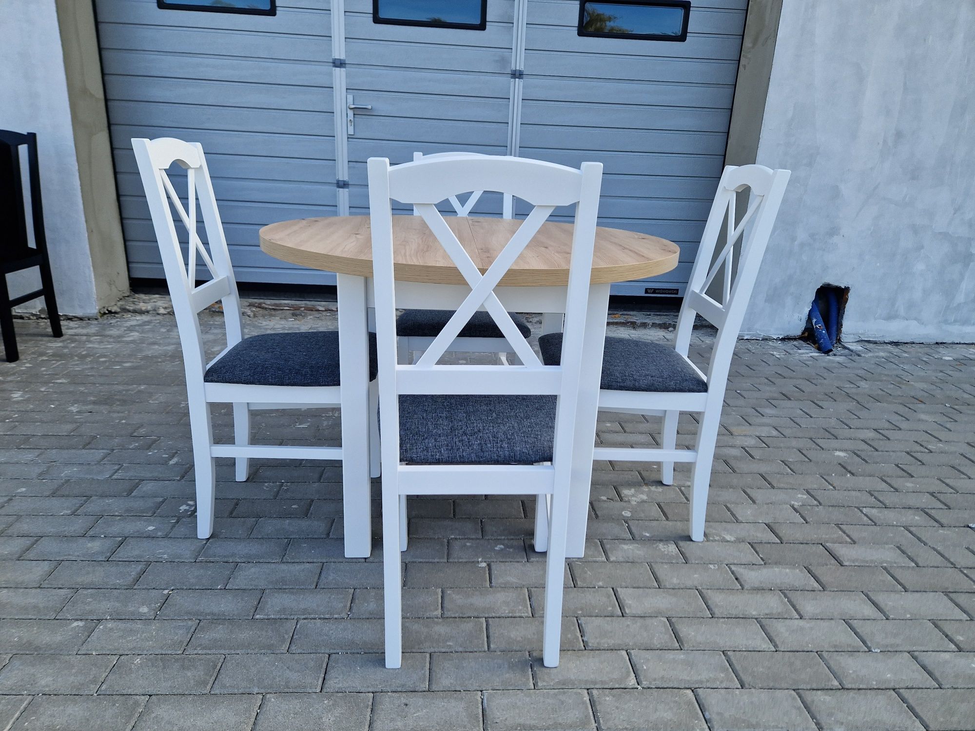 Nowe: Stół okrągły + 4 krzesła, biały/artisan + grafit ( krzyż )