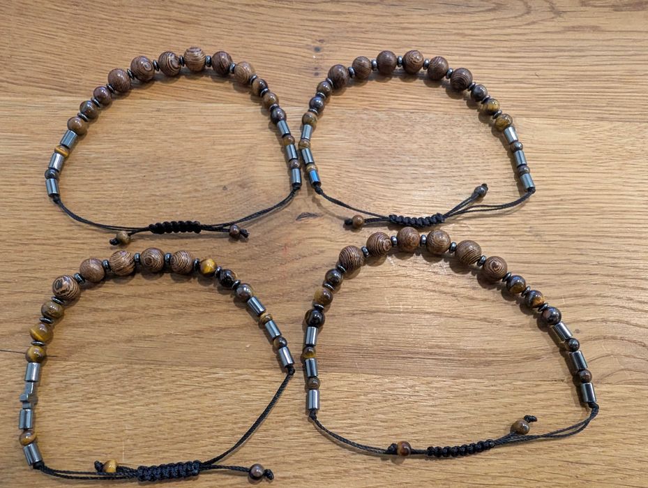 Męska bransoletka sznurkowa z drewna Wenge, Hematytu, Tygrysie oko