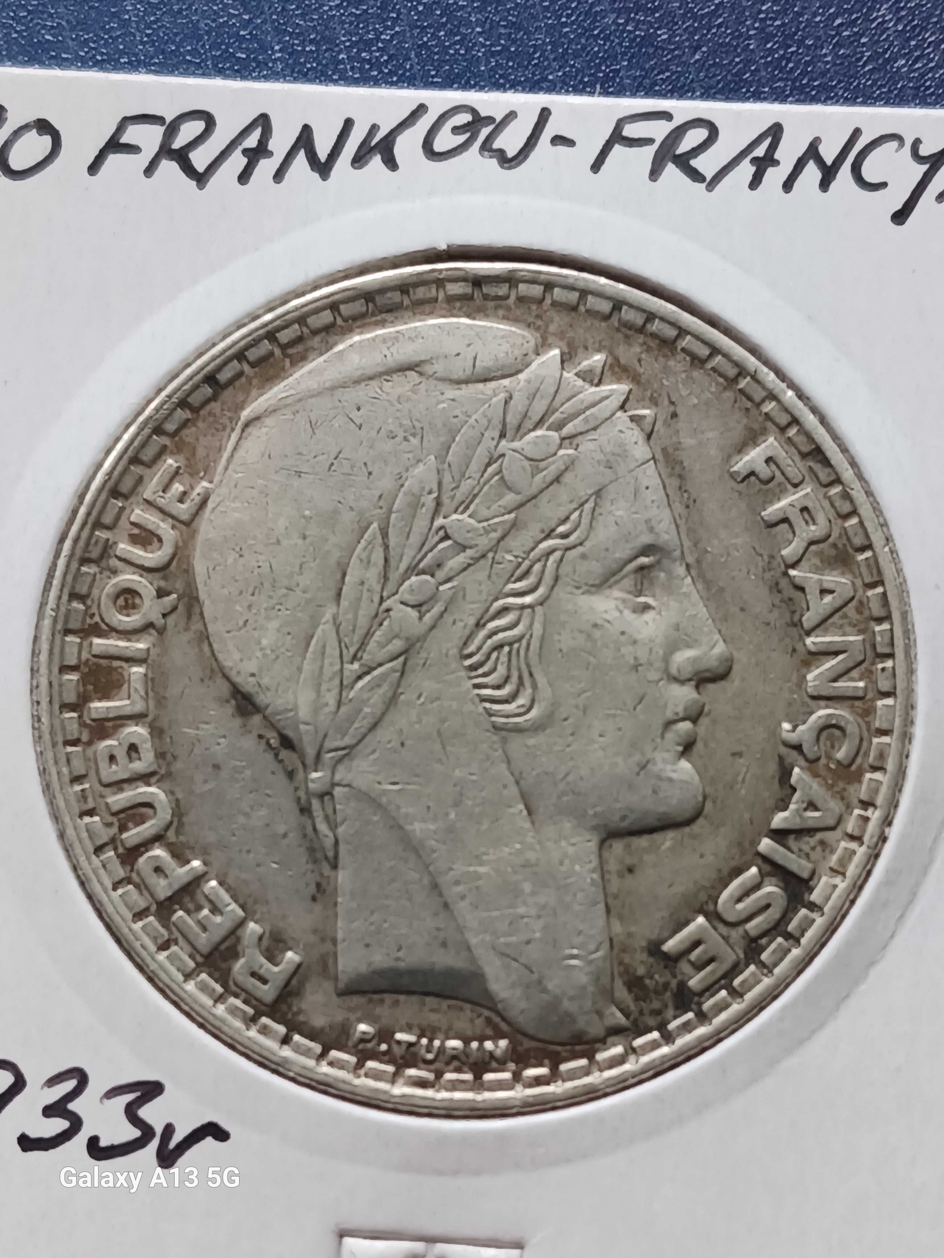 20 Franków - Francja 1933 r. - piękny stan -srebro