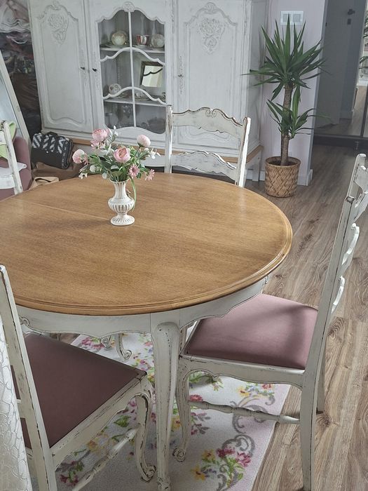 Drewniany stół okrągły +4 krzesła białe w stylu ludwika shabby chic