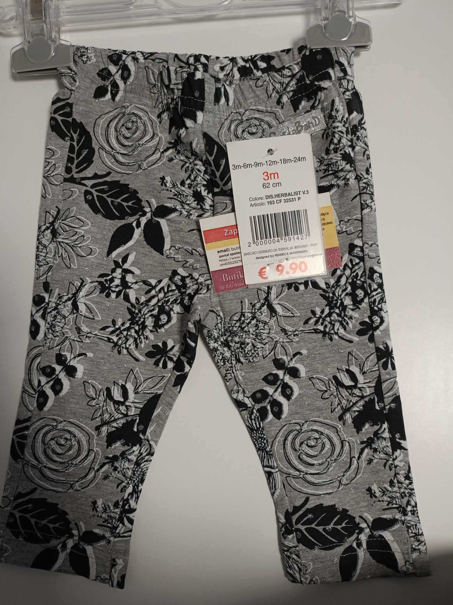 legginsy czarno szare w kwiatki nowe z metką 62 rozmiar