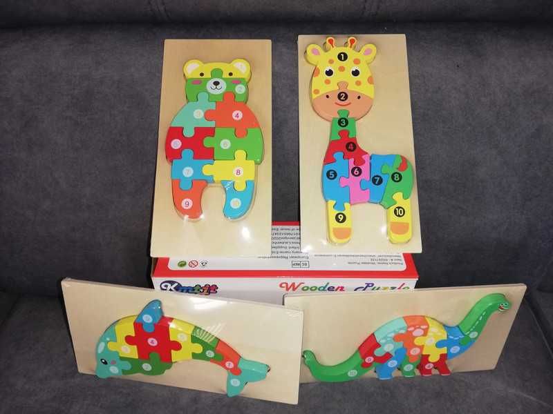 Drewniane puzzle dla najmłodszych. Zabawka edukacyjna 4 w 1