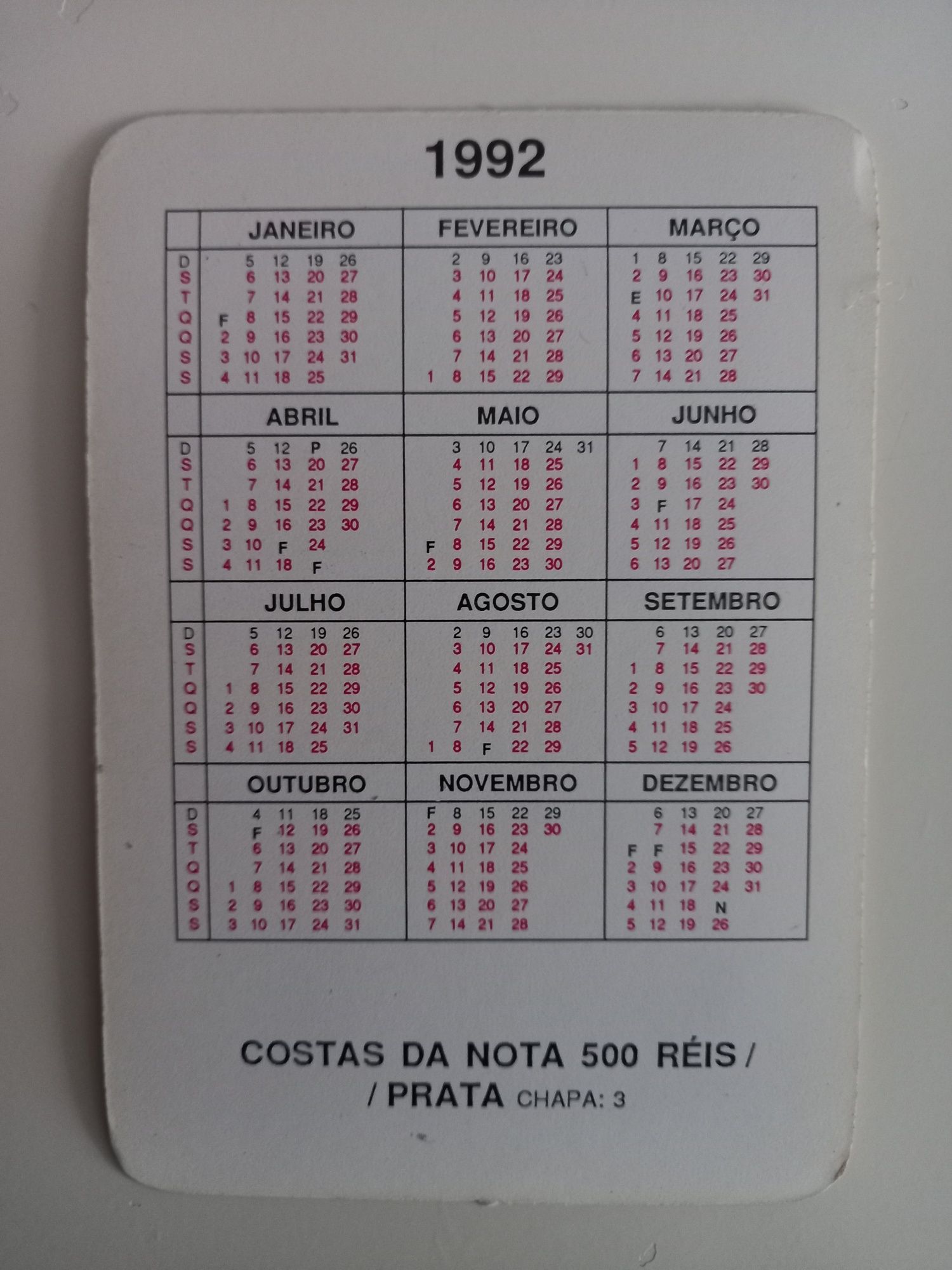 Coleção de 12 Calendários de bolso tema "Dinheiro/notas de Portu