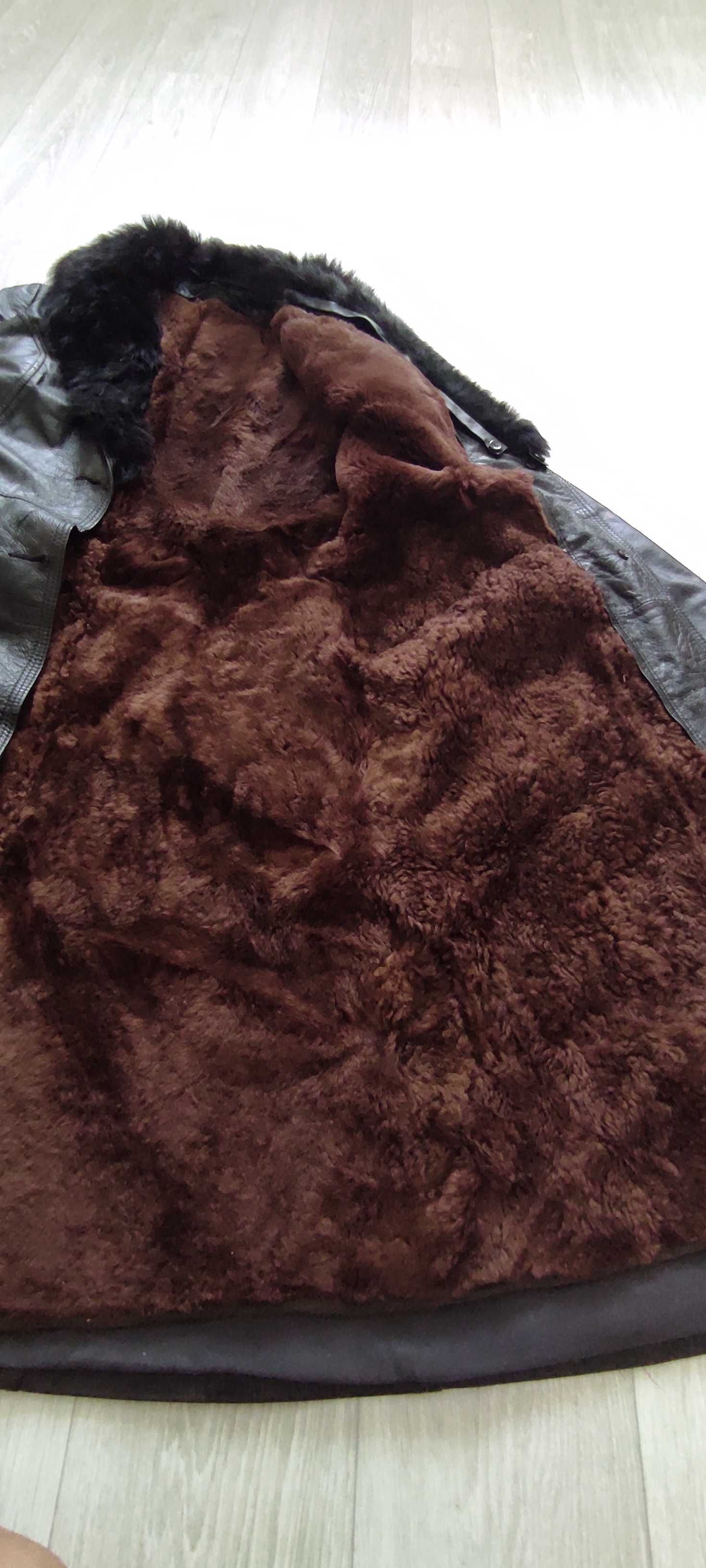 Кожаное пальто на цигейке с натуральным воротником Югославия 52р