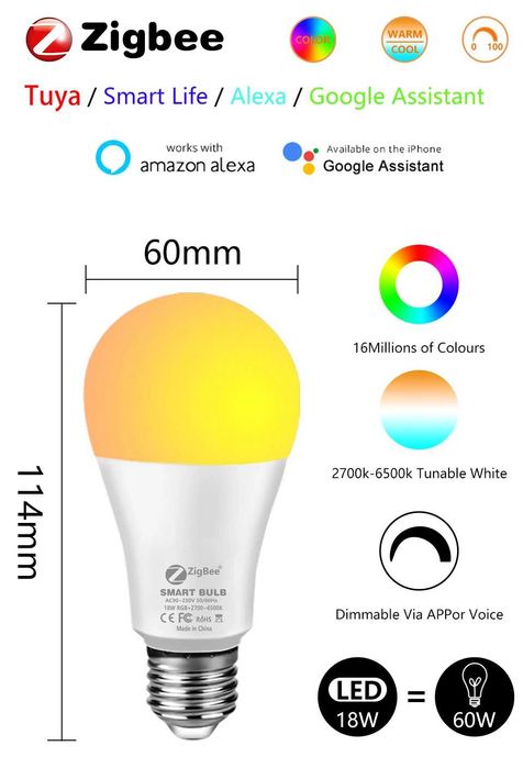 Умная Zigbee Led лампа 18Вт E27 RGB+CCT Tuya Smart Home