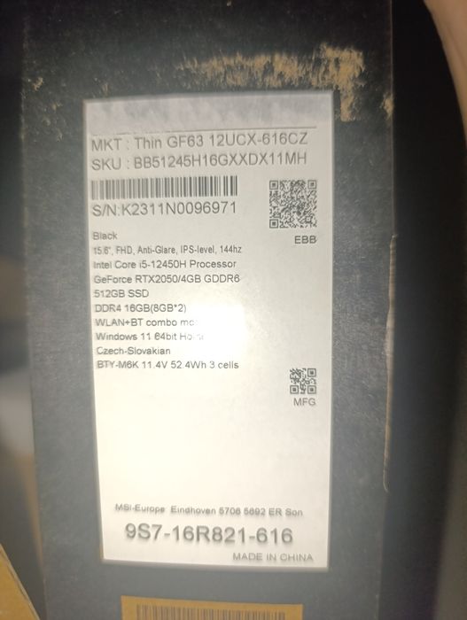 Ноутбук Msi Thin GF63 12UCX