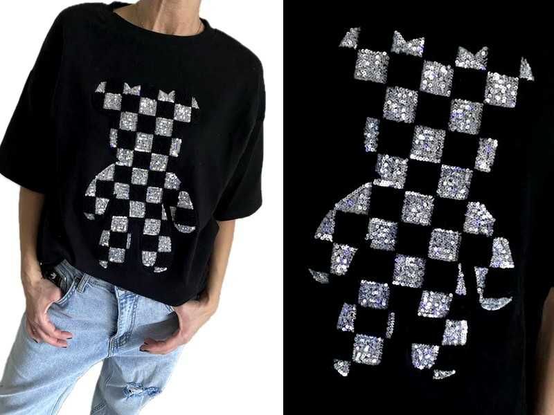 Premium t-shirt z misiem teddy oversize cekiny połyskujący Uni