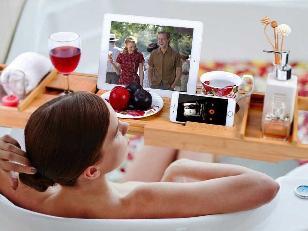 PÓŁKA NA WANNĘ z bambusu XL* Rozsuwana * Domowe spa * ZESTAW*