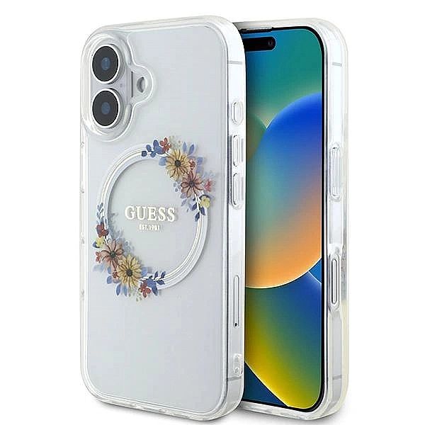 Etui Guess IML Flowers Wreath MagSafe na iPhone 16 - przezroczyste