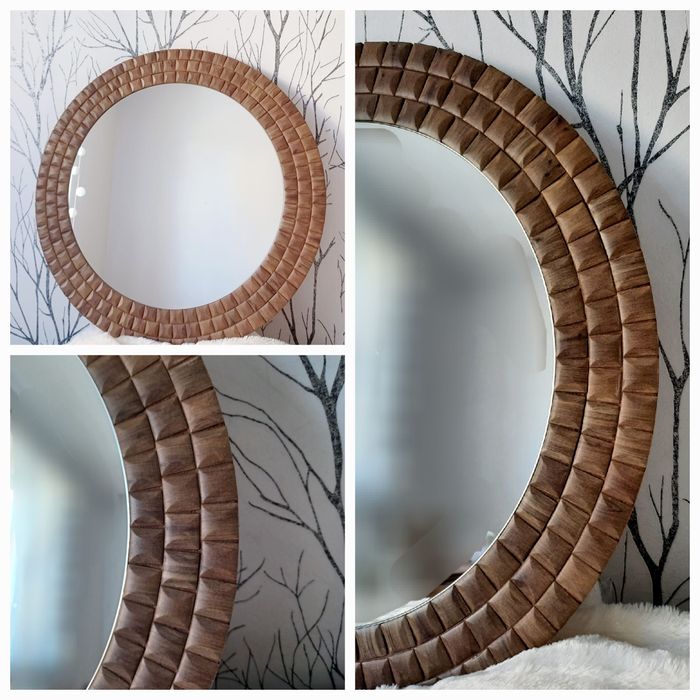 Lustro  okrągłe, drewniana rama.japandi boho Nowość