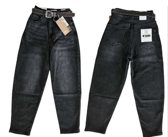 Spodnie jeansowe Balloon czarne M.SARA elastyczn z paskiem XS S M L XL