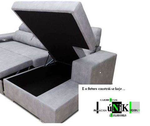 SOFÁ úNiKdesign – com chaise long & baú arrumação, cama casal + 2 puff