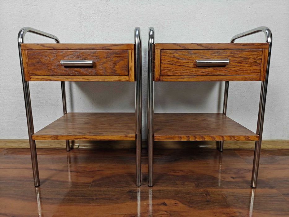 Szafki nocne stolik Chrom Dąb Ciemny Brąz Modernizm Art Deco Bauhaus