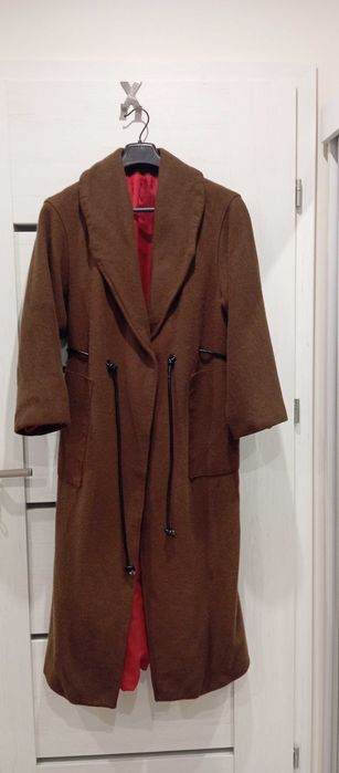 Płaszcz wełniany czekoladowy brąz wiązany szlafrokowy Woolmarkt 44 XXL