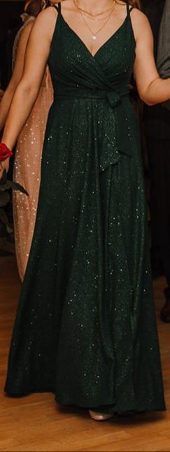 Długa sukienka,  butelkowa zieleń brokatowa