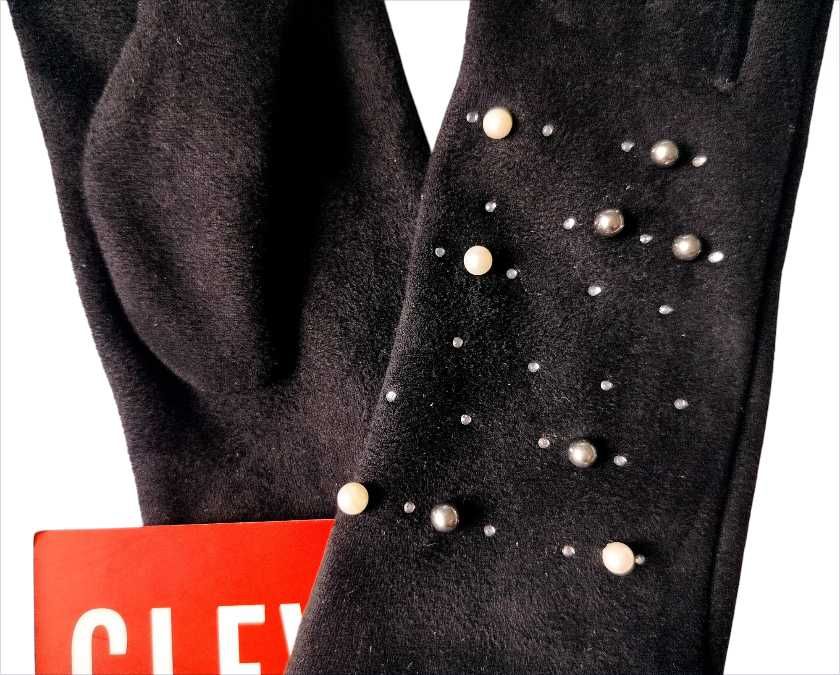 Eleganckie czarne welurowe rękawiczki pięciopalczaste Cleve M koraliki